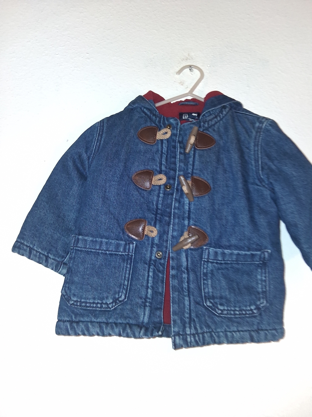 GAP Denim Hooded Toggle Jacket with Red Lining